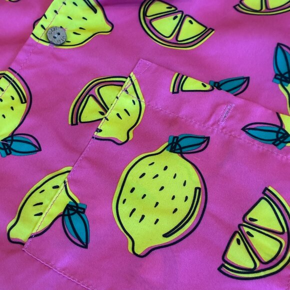 Uzzi Pink with Yellow Lemons Hawaiian Short-sleeve Shirt Top Medium - Picture 2 of 10